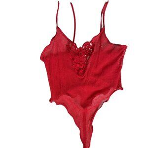 Cinema Etoile Sheer Mesh Embroidered flowers Red Unlined Thong Teddy; BRAND NEW